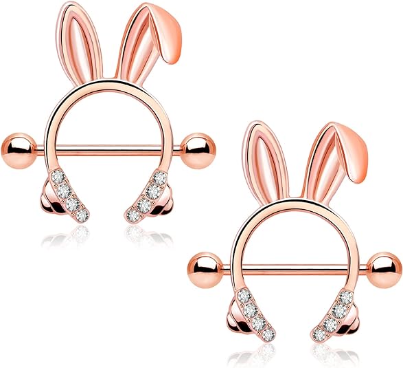 Melighting Dainty Rabbit Nipple Rings 14G Rosy Bunny Ear Clear CZ Nipple Piercing Barbell Surgical Steel 316L Nipple Piercing Jewelry for Women Girls