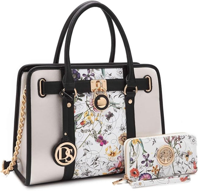 Dasein Two Tone Satchel Handbags Purses for Women Vegan Leather Shoulder Bags Large Tote Bag with Matching Wallet/Chain Strap