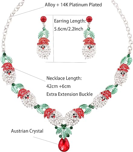 2 Pcs/Set Fashion Statement Bib Santa Claus Christmas Necklace Dangle Earring Costume Jewelry Set for Christmas Party Xmas Gift for Women
