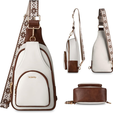 Small Sling Bag for Women PU Leather Trendy Crossbody Chest Bag Fanny Pack, White and Brown