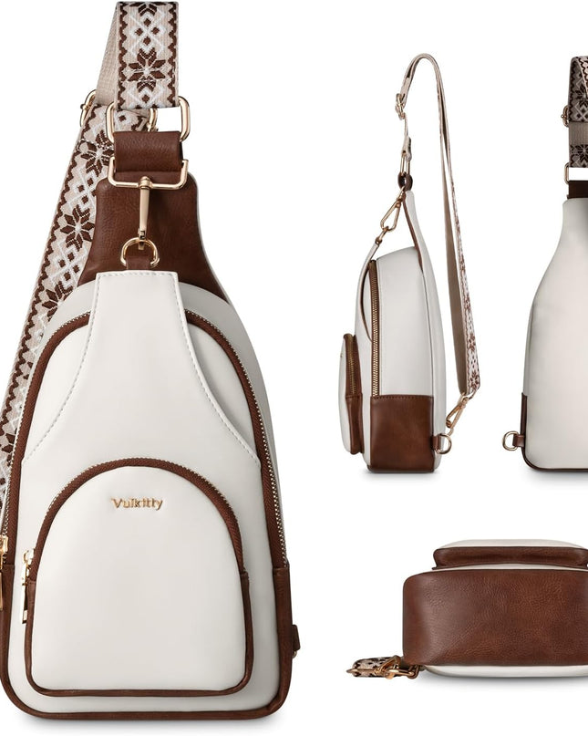 Small Sling Bag for Women PU Leather Trendy Crossbody Chest Bag Fanny Pack, White and Brown
