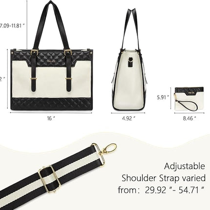 MOSISO Laptop Bag for Women,15-15.6 inch Canvas Laptop Tote Bag,16 inch Large Capacity Rhombus Quilted Work Bag with Clutch Purse,Casual Briefcase Handbag Computer Bag for Business Office Travel,Beige