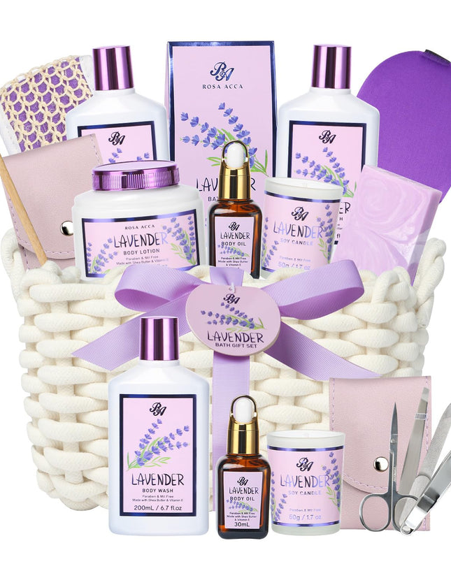 Bath and Body Gift For Women and Men - Lavender Home Spa Gift Set,Mug,Shower Gel,Bubble Bath,Lotion,Bath Bombs,Eye Mask,Manucure Set, Bath Belt, Body Oil,Bath Soak,Lip Balm,Soy Candle For Daily Use