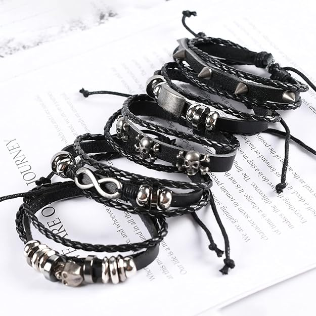 Vinatge Gothic Punk Skull Star Metal Multilayer Leather Bracelet Men Bracelets & Bangles Male Arm Jewelry