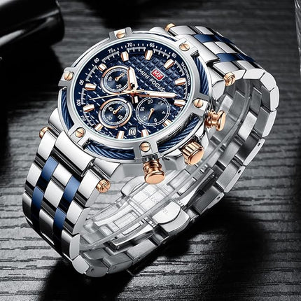MF MINI FOCUS Business Men Watches (Chronograph/Waterproof/Luminous/Calendar/24 Hours) Big Face Stainless Steel Band Watches for Men