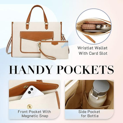 Missnine Tote Bag Canvas Laptop Bag for Women 15.6 inch Casual Work Bags with Clutch Purse Computer Shoulder Bag 2 PCS Set for Travel, Office, College