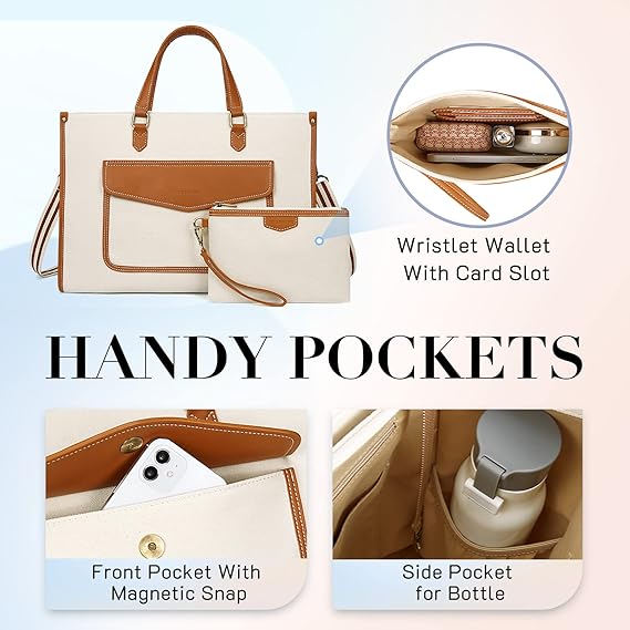 Missnine Tote Bag Canvas Laptop Bag for Women 15.6 inch Casual Work Bags with Clutch Purse Computer Shoulder Bag 2 PCS Set for Travel, Office, College