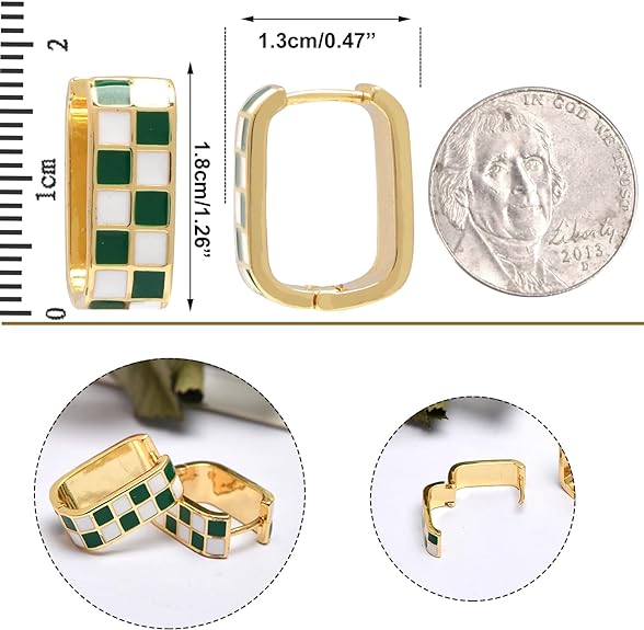 Dainty Checkered Oval Hoop Earrings,18K Gold Filled Enamel Oval Hoop Earrings,For Women Checker Chunky Oval Hoop Earrings,Hypoallergenic Earrings