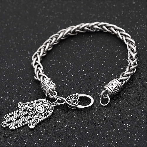 Hamsa Hand of Fatima Silver Bracelet - Evil Eye Protection Silver Tone Alloy Charm Jewelry