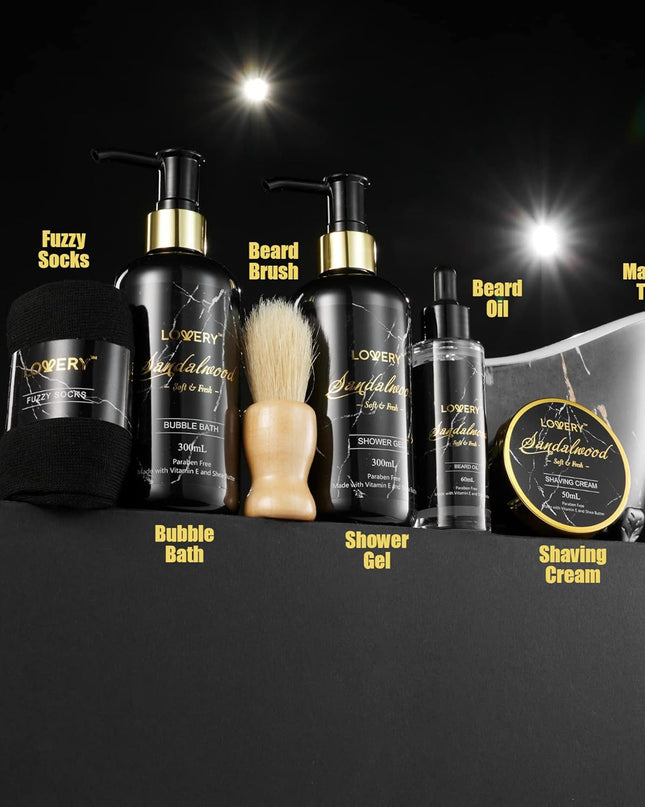 Bath Gift Baskets for Men, Boyfriend, Him, Dad, Sandalwood Mens Grooming Kit, Birthday Gifts for Men, Bath and Body Self Care with Bubble Bath, Beard Brush and More, Beard Care and Spa Set