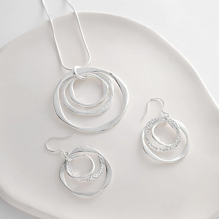 3 Circles Silver Hoop Earrings and Necklace Set for Women - 925 Plated Hypoallergenic Small Hoops