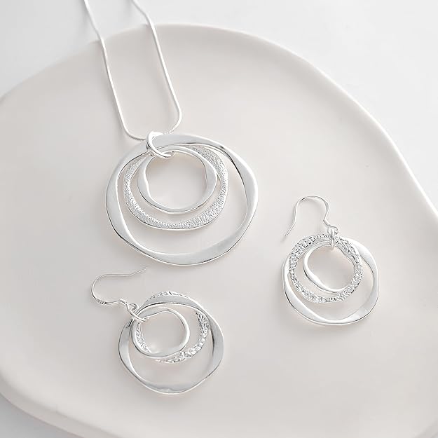 3 Circles Silver Hoop Earrings and Necklace Set for Women - 925 Plated Hypoallergenic Small Hoops