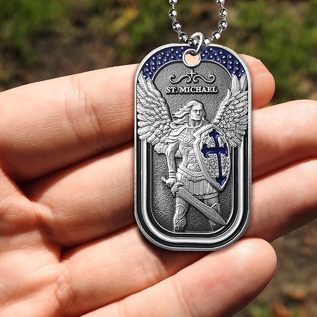 Police Challenge Coin- St Michael Archangel Pendant, Law Enforcement Saint Michael Dog Tag Necklace for Men