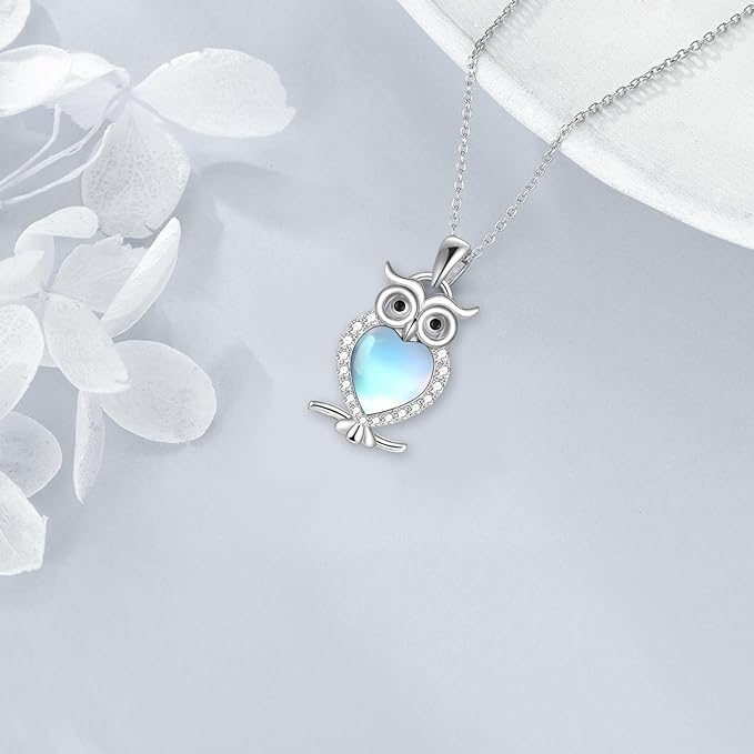 WINNICACA Owl Necklace Sterling Silver Owl Jewelry Blue Stone Abalone Shell Moonstone Owl Pendant Owl Gifts for Women Girls Birthday Christmas