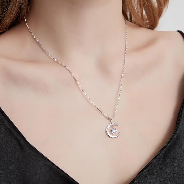 Silver Moon and Sun Necklace for Women, Moon Opal Pendant Necklace Dainty Trendy Celtic Necklace Jewelry Gift