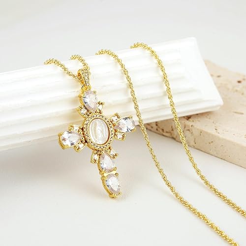 HZMAN Gold Cross Necklace for Women 18K Gold Plated Necklace Dainty Virgin Mary Cubic Zirconia Necklace Pendant Jewelry Gift