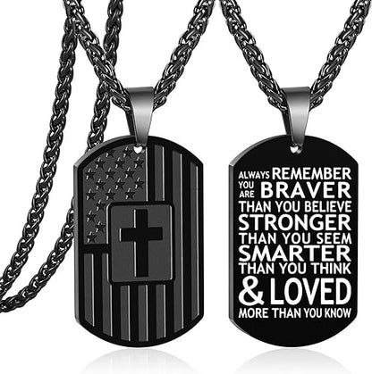 Dog Tag Cross Necklace for Men Boys, 24 Inches American Flag Stainless Steel Bible Verse Pendant Chain Religious Patriotic Jewelry