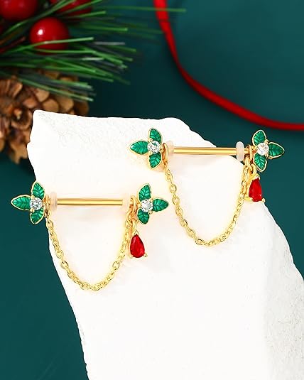 COCHARM 2pcs Gold Nipple Rings Dangling Nipple Piercings Chain Nipple Jewelry 14g Christmas Holly Tree Nipple Ring 14mm Nipple Bar Nipple Barbell for Women