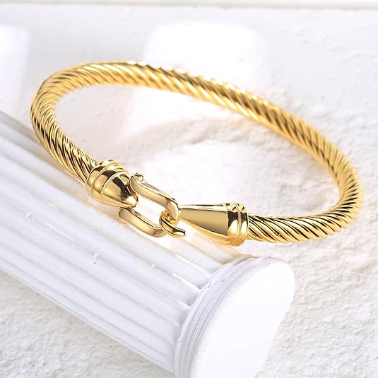 BOLAGTIER Stainless Steel Twisted Cable Wire Bracelets with Hook Clasp Stylish Roman Digital Bangle Bracelet for Women Girls