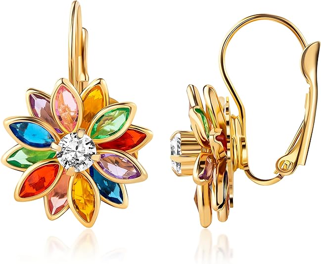Barzel 18K Gold Plated Flower Earrings - Colorful Lotus Flower Earrings For Women
