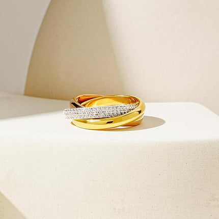 AllenCOCO Chunky Gold Plated Rings for Women - Trendy Cubic Zirconia 14k Gold Filled Stackable Rings Size 7