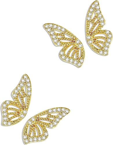 Luxval Butterfly Wing Earrings，18K Gold Plated CZ Simulated Diamond Silver Stud Earrings, Tiny Butterfly Cartilage Earrings for women,Gold Stud Earrings for Girls