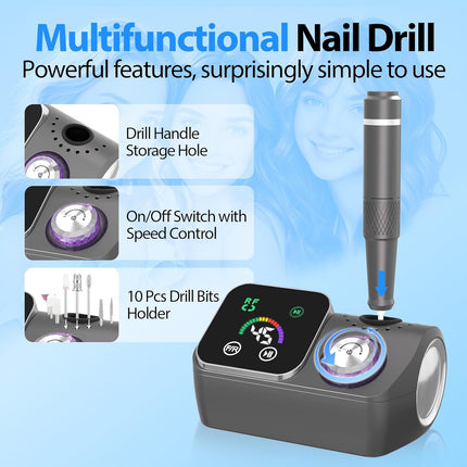 Professional Electric Nail Drill E-File Machine - 45,000 RPM Corded Nail Drills Kit with Low Noise & LED Display for Shaping, Removing & Polishing Acrylic Gel Nails for Salon Home