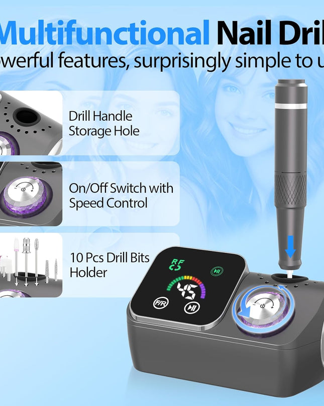 Professional Electric Nail Drill E-File Machine - 45,000 RPM Corded Nail Drills Kit with Low Noise & LED Display for Shaping, Removing & Polishing Acrylic Gel Nails for Salon Home