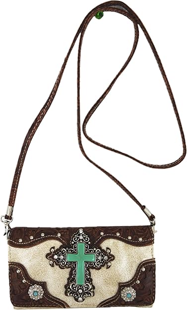 Western Style Rhinestone Cross Conchos Studded Women Purse Tooled Leather Handbag Country Shoulder Bag Trifold Wallet Set