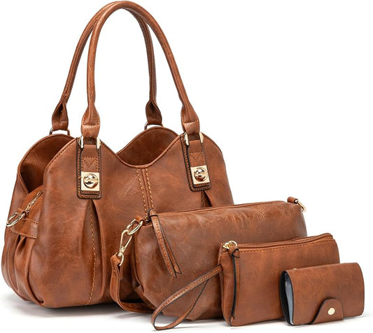KingTo 4pcs Purses Retro Tote Handbags for Women Stylish Shoulder Bags Soft Top Handle Satchel Set