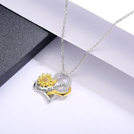 APOTIE You Are My Sunshine Necklace Sterling Silver Infinity Cross Heart Sunflower Pendant Flower Inspirational Jewelry Gift for Mom Daughter Wife Women