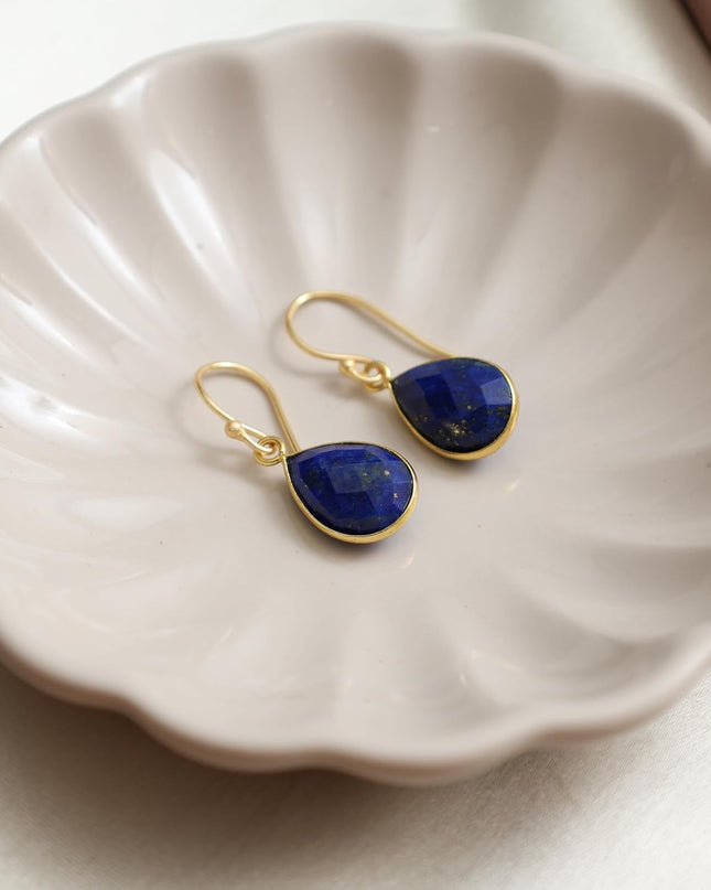Gempires Handmade Teardrop Dangle Earrings Blue Lapis Lazuli Crystal Jewelry Hypoallergenic Gold Plated September Birthstone Earrings For Women