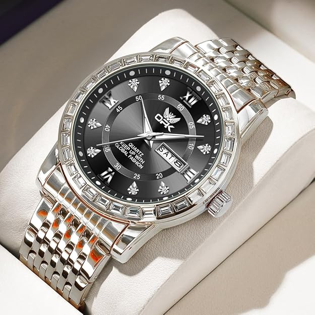 OPK Mens Watch Simple Fashion Diamonds Stainless Steel Analog Men Wrist Watch Diamond Large Dial Waterproof Date Casual Watch for Man