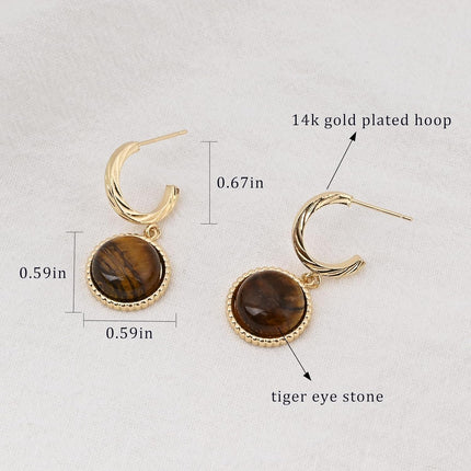 Tiger Eye Gemstone Earrings 14k Gold Plated Dangle Drop Earrings Gold Hoop Stud Earrings for Women Fashion Jewelry