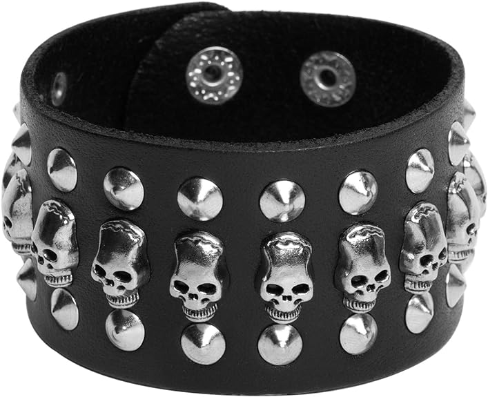 Black metal rivets studs punk rock biker wide belt leather bracelet guard wrist strap skull