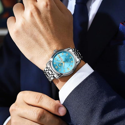 OLEVS Watch for Men Classic Business Dress Analog Quartz Stainless Steel Waterproof Luminous Date Diamond Men Silver Watch
