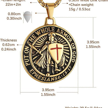 HZMAN Knights Templar Put On The Whole Armor of God Ephesians 6:13-17 Red Cross Design Stainless Steel Necklace for Men