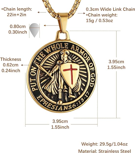 HZMAN Knights Templar Put On The Whole Armor of God Ephesians 6:13-17 Red Cross Design Stainless Steel Necklace for Men