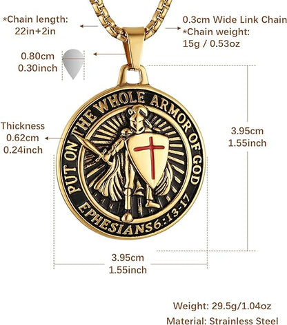 HZMAN Knights Templar Put On The Whole Armor of God Ephesians 6:13-17 Red Cross Design Stainless Steel Necklace for Men