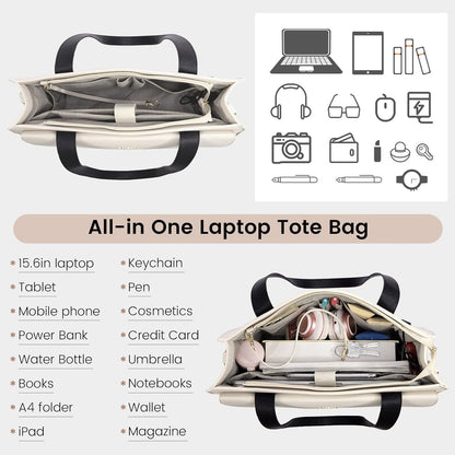 LOVEVOOK Laptop Tote for Women - 15.6 Inch Professional Leather Computer Briefcase - Waterproof Shoulder Bag - Large Capacity Business & Office Bag