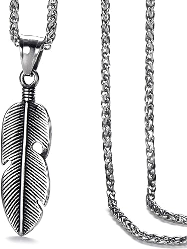 Moolee Men's Feather Pendant Necklace with Stainless Steel Link Chain