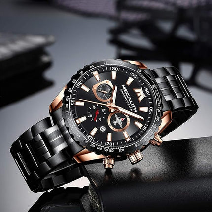 MEGALITH Mens Watches Stainless Steel Waterproof Analog Quartz Fashion Business Casual Chronograph Watch for Men, Auto Date