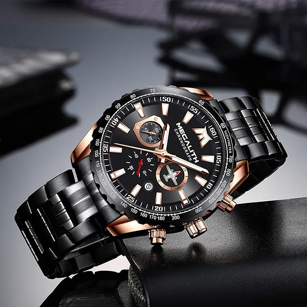 MEGALITH Mens Watches Stainless Steel Waterproof Analog Quartz Fashion Business Casual Chronograph Watch for Men, Auto Date