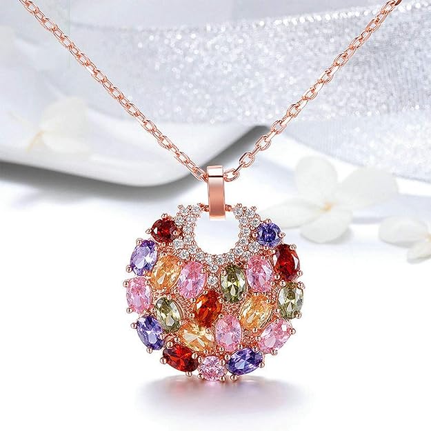 Crystal Colorized Cubic Zirconia Laminated Flower Pendant Necklace with 17.32+1.96 in Extender Chain for Women | Necklace extender | Crystal Necklace | Flower Necklace |Silver Multi Color Necklace