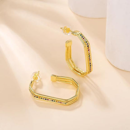 Layered Colorful Hugging Hoop Earrings for Women | 14K Real Gold Plating Hoop Zirconia Earrings | Glamorous Choice for Fashionable Girls