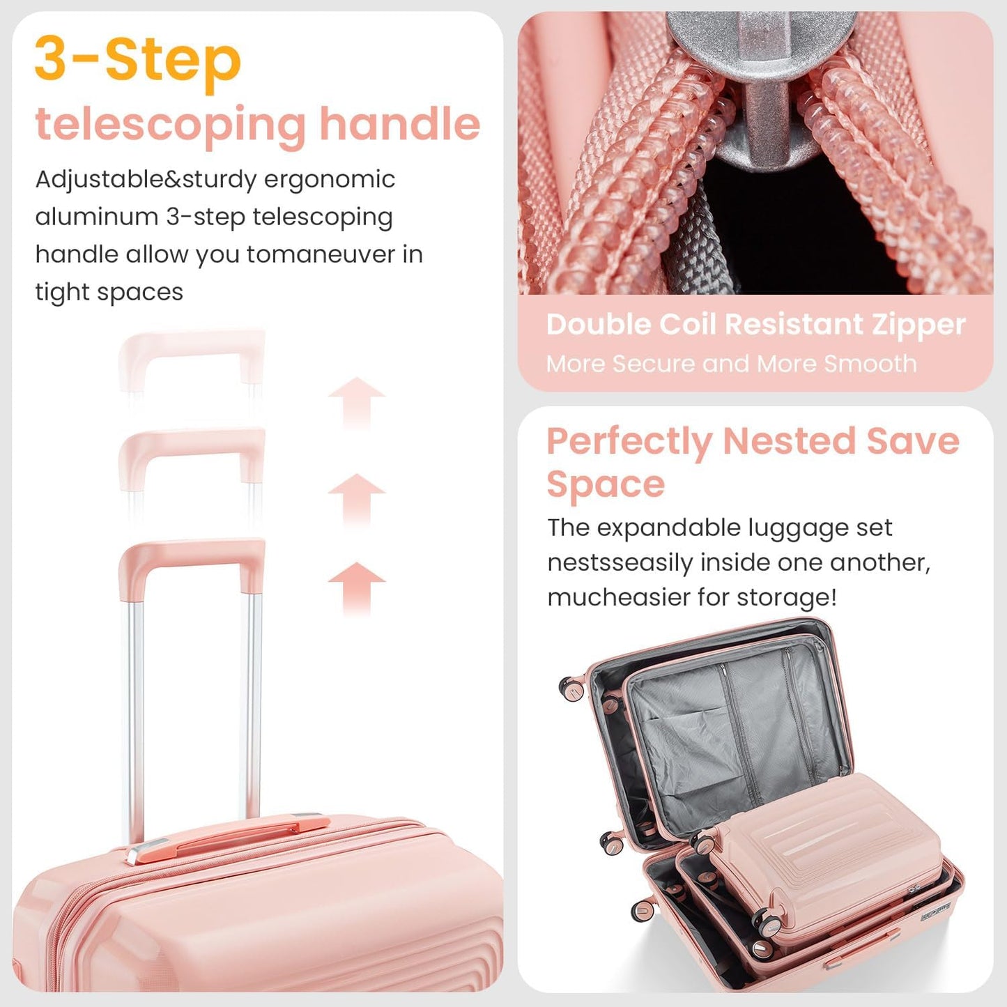 Luggage Set 4 Piece Suitcase Sets with Double Spinner Wheel, Expandable Hardside Travel Luggage with TSA Lock (14/20/24/28), PP Material Hardshell Carry on Travel Suitcases (D# Pink)