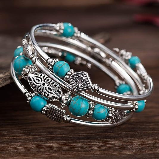 Layered Wrap Bangle Turquoise Bracelet - Bead Bracelet with Natural Agate Stone, Gifts For Women