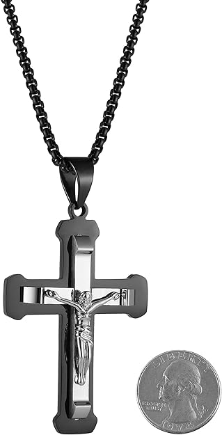 HZMAN Men's Jesus Stainless Steel Pendant Necklace Silver Gold Black Multicolor Cross, 22 + 2 Inch Chain