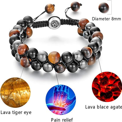 Triple Protection Bracelet Lava Rock Men's Stone Bead Bracelet -Adjustable Tiger Eye