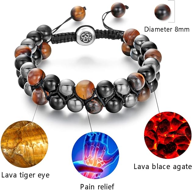 Triple Protection Bracelet Lava Rock Men's Stone Bead Bracelet -Adjustable Tiger Eye